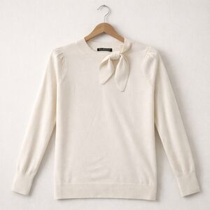 Eloquii Cream Bow Neck Sweater Plus Size 14/16 Puff Sleeve Wool Blend